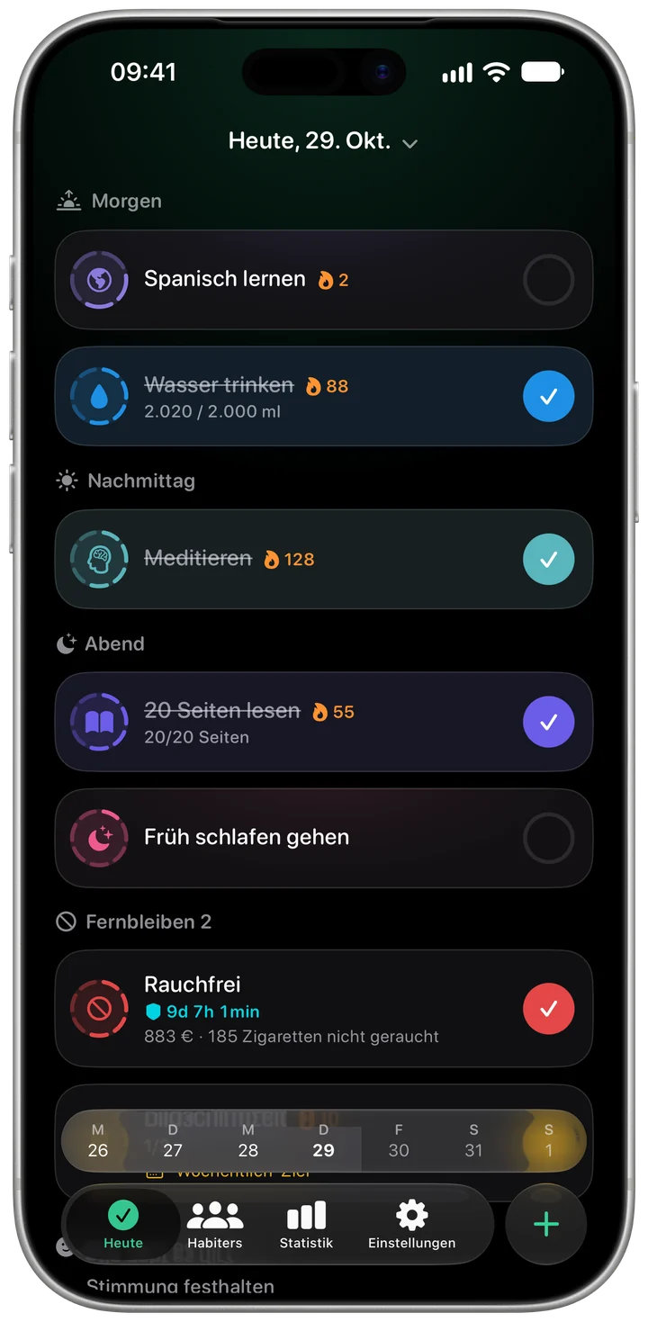 Heute-Bildschirm von Habiter im Dunkelmodus