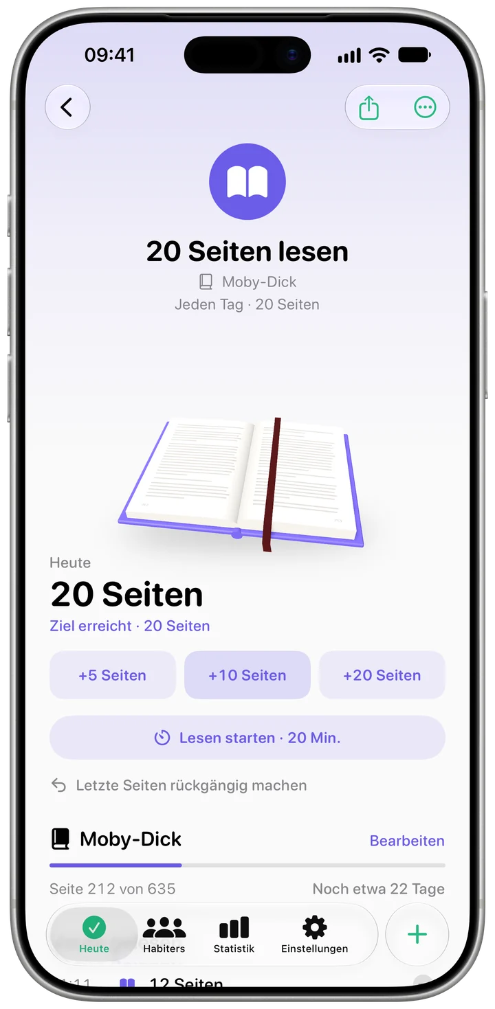 Seite der Gewohnheit „20 Seiten lesen“ in Habiter mit dem heutigen Fortschritt und dem aktuellen Buch