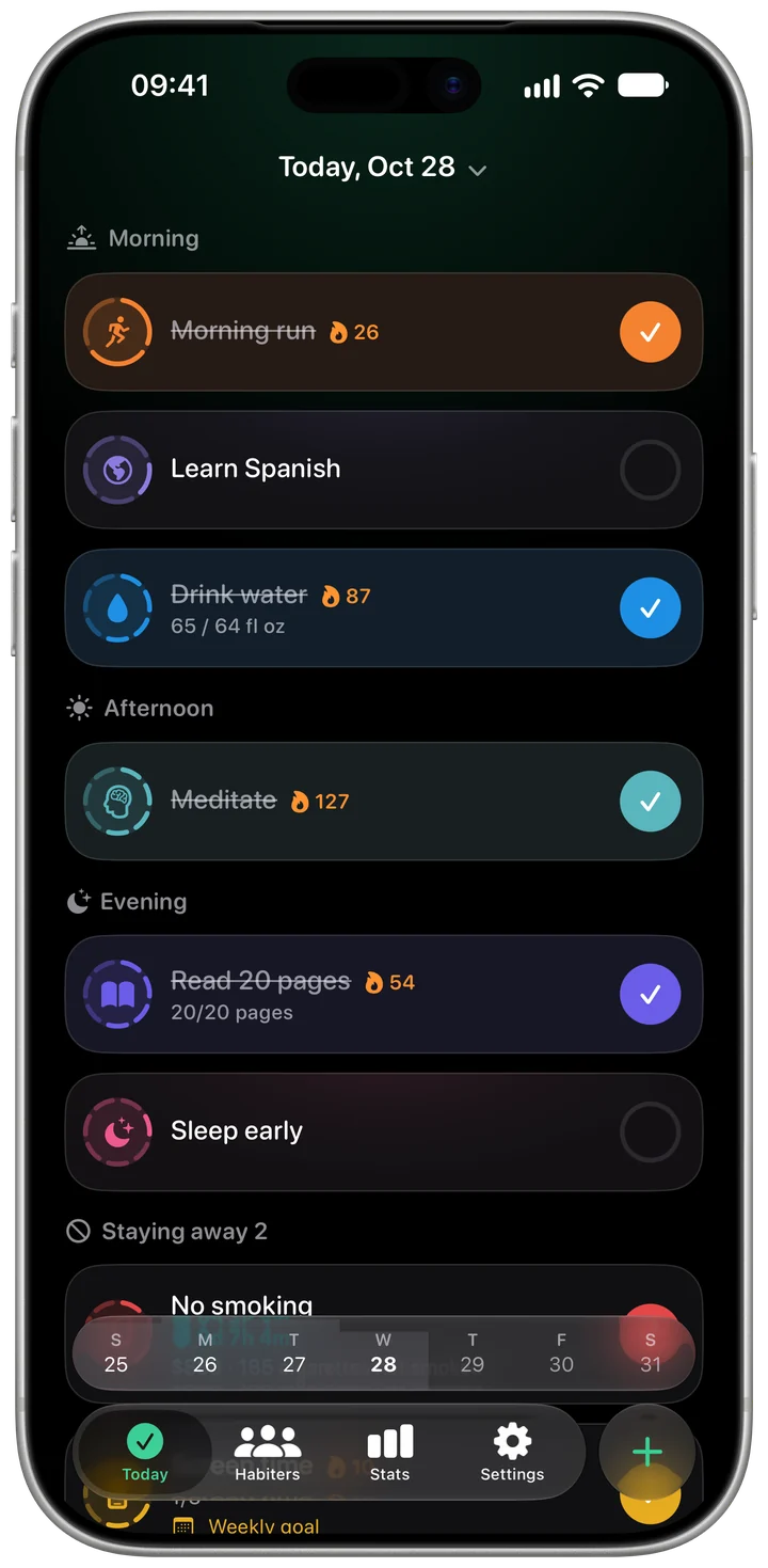 Habiter Today screen in dark mode