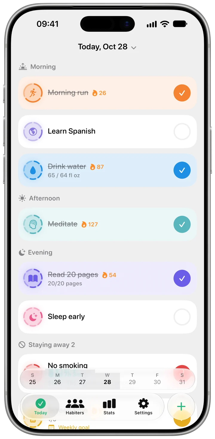 Habiter Today screen with the day's habits