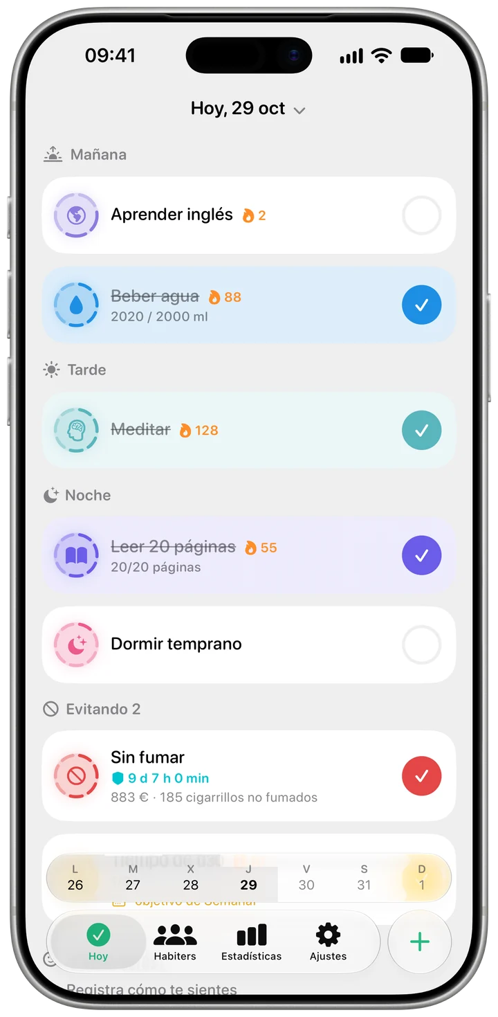 Pantalla Hoy de Habiter con los hábitos del día