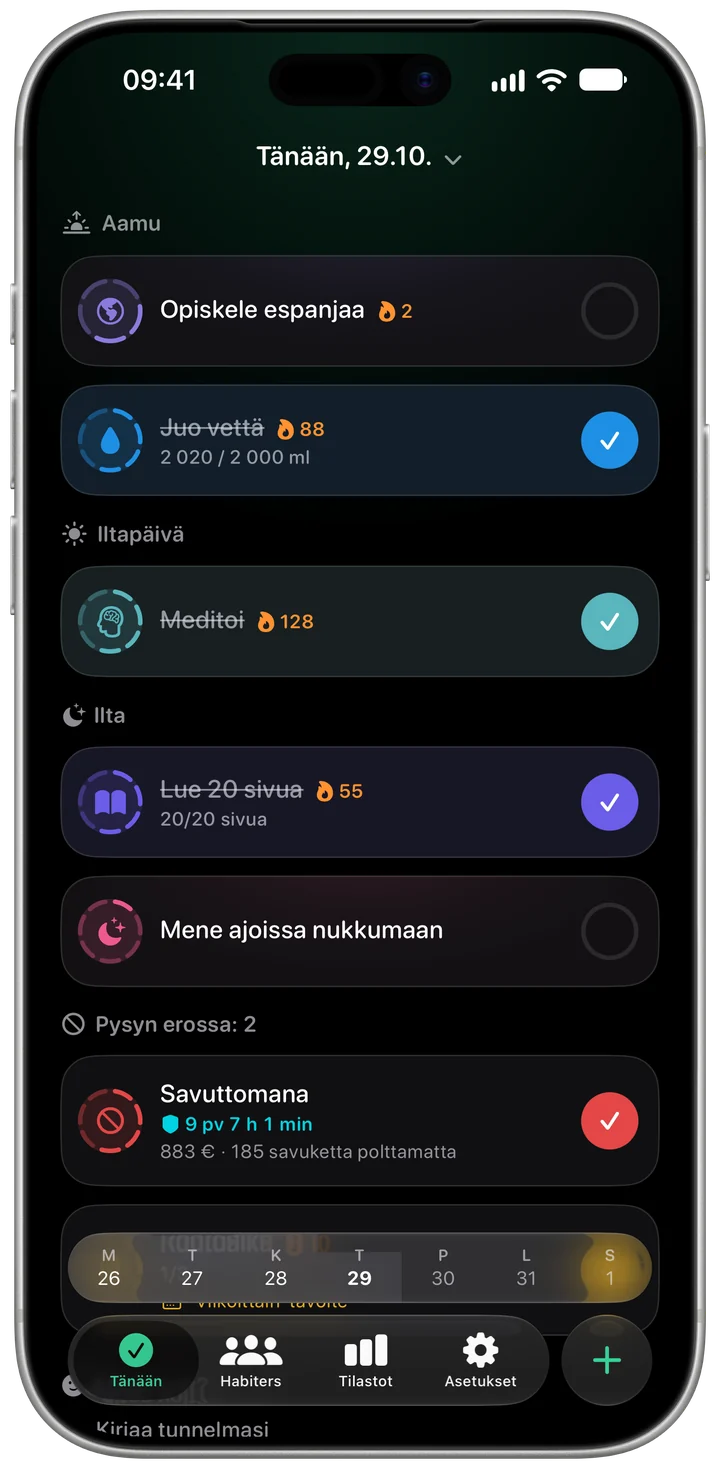 Habiterin Tänään-näkymä tummassa tilassa
