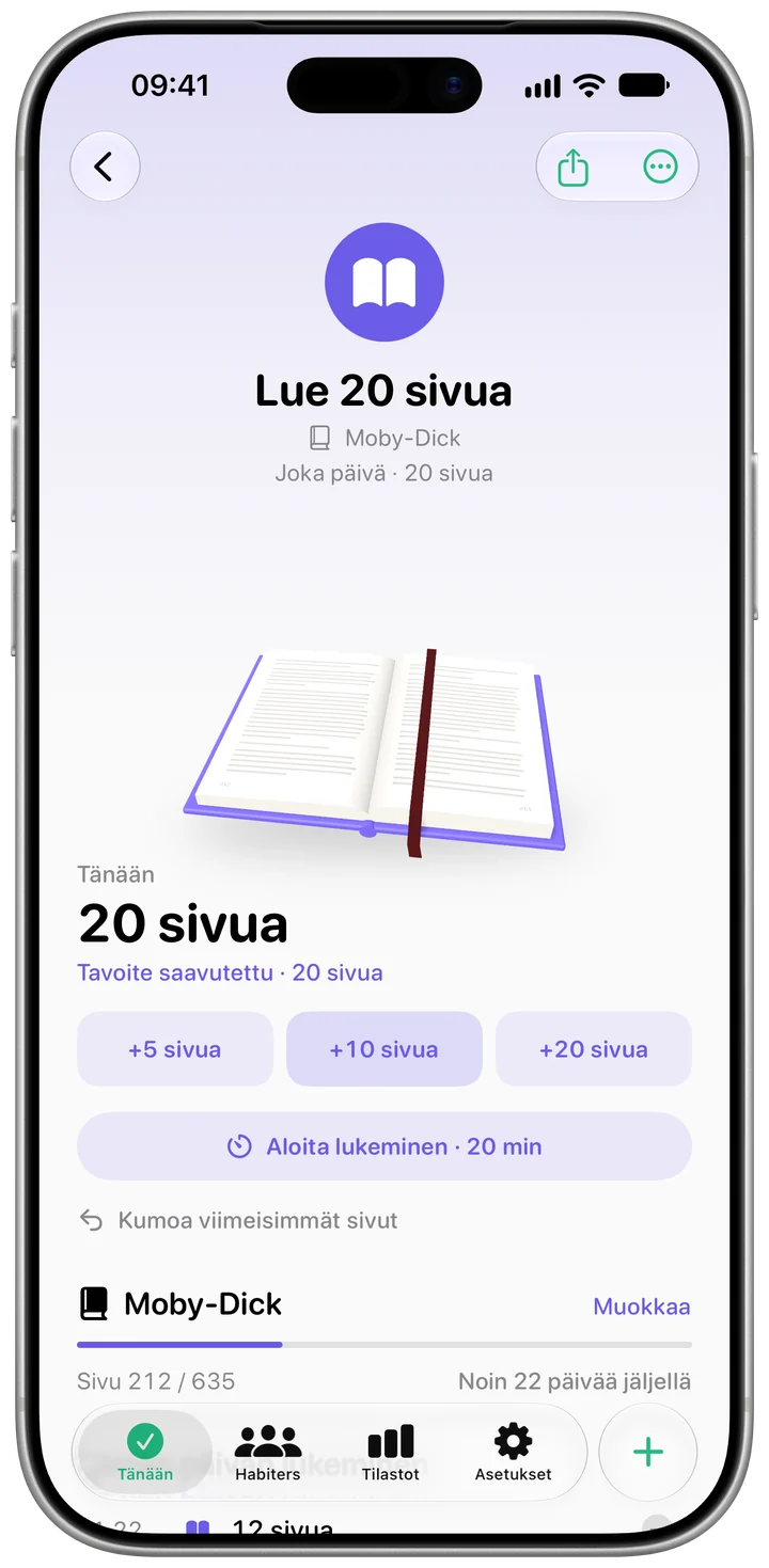 Lue 20 sivua -tavan sivu Habiterissa: päivän edistyminen ja kesken oleva kirja