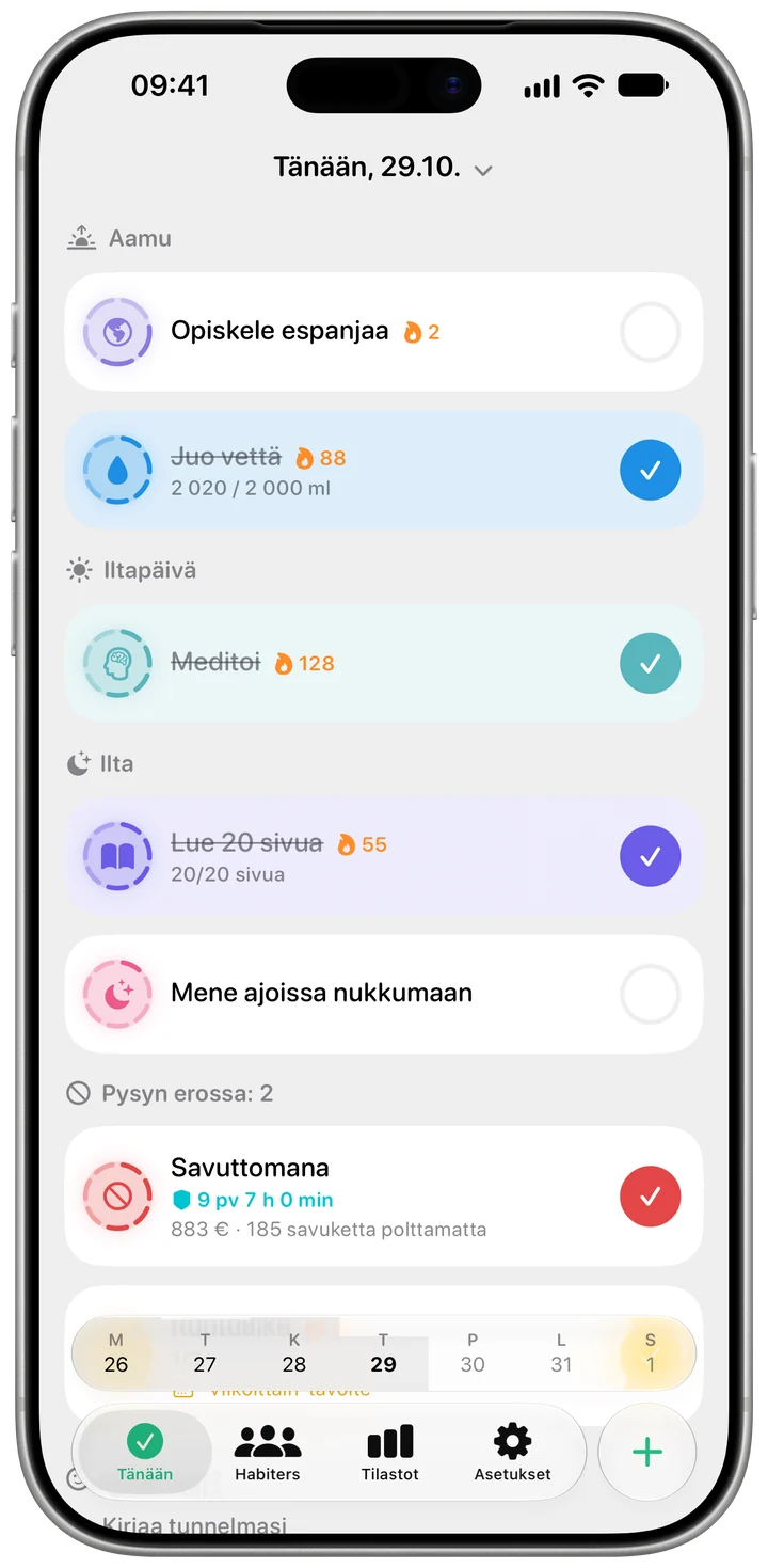Habiterin Tänään-näkymä, jossa jokaisen tavan vieressä näkyy sen putki
