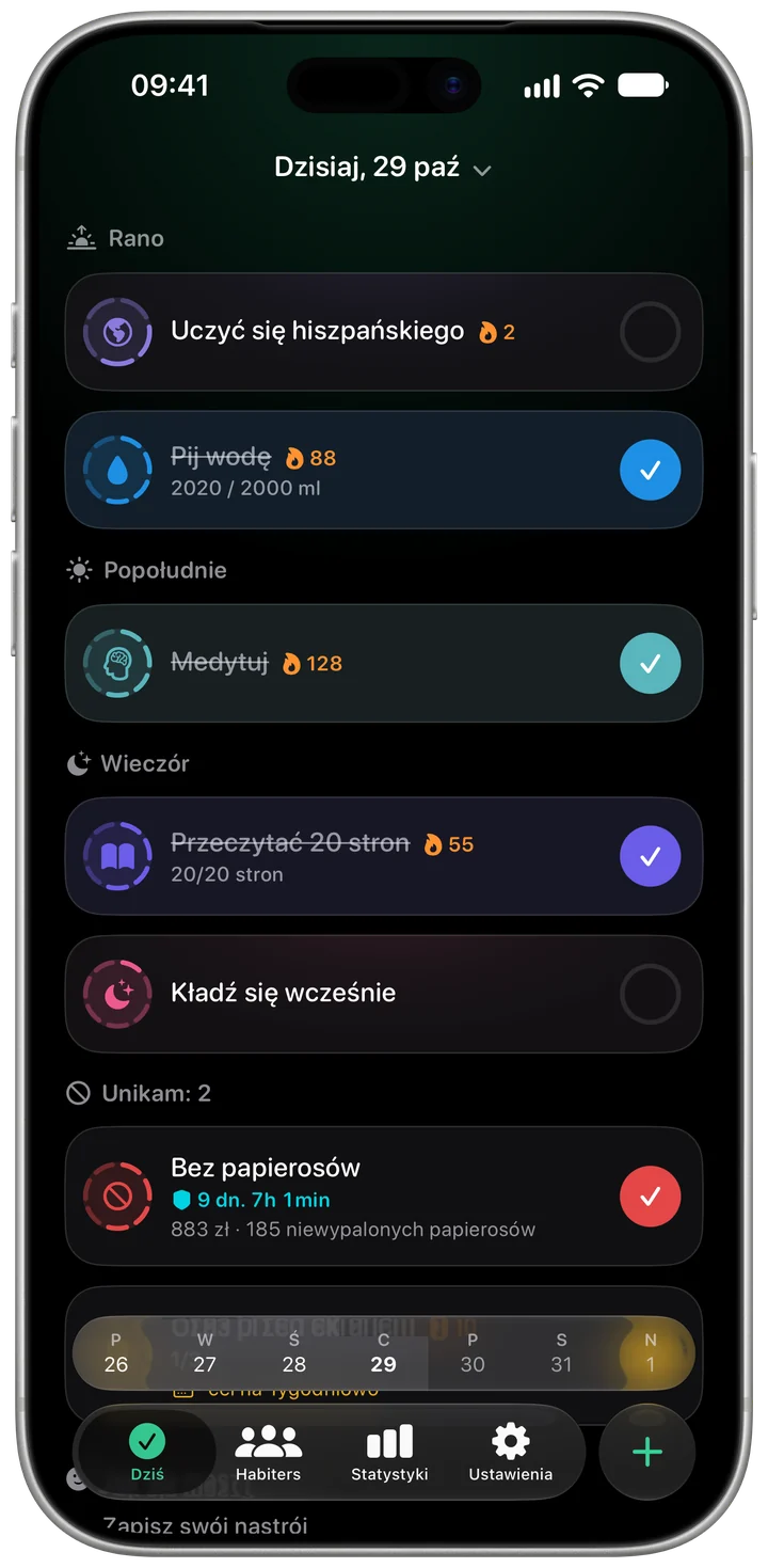 Ekran Dziś w Habiterze w trybie ciemnym