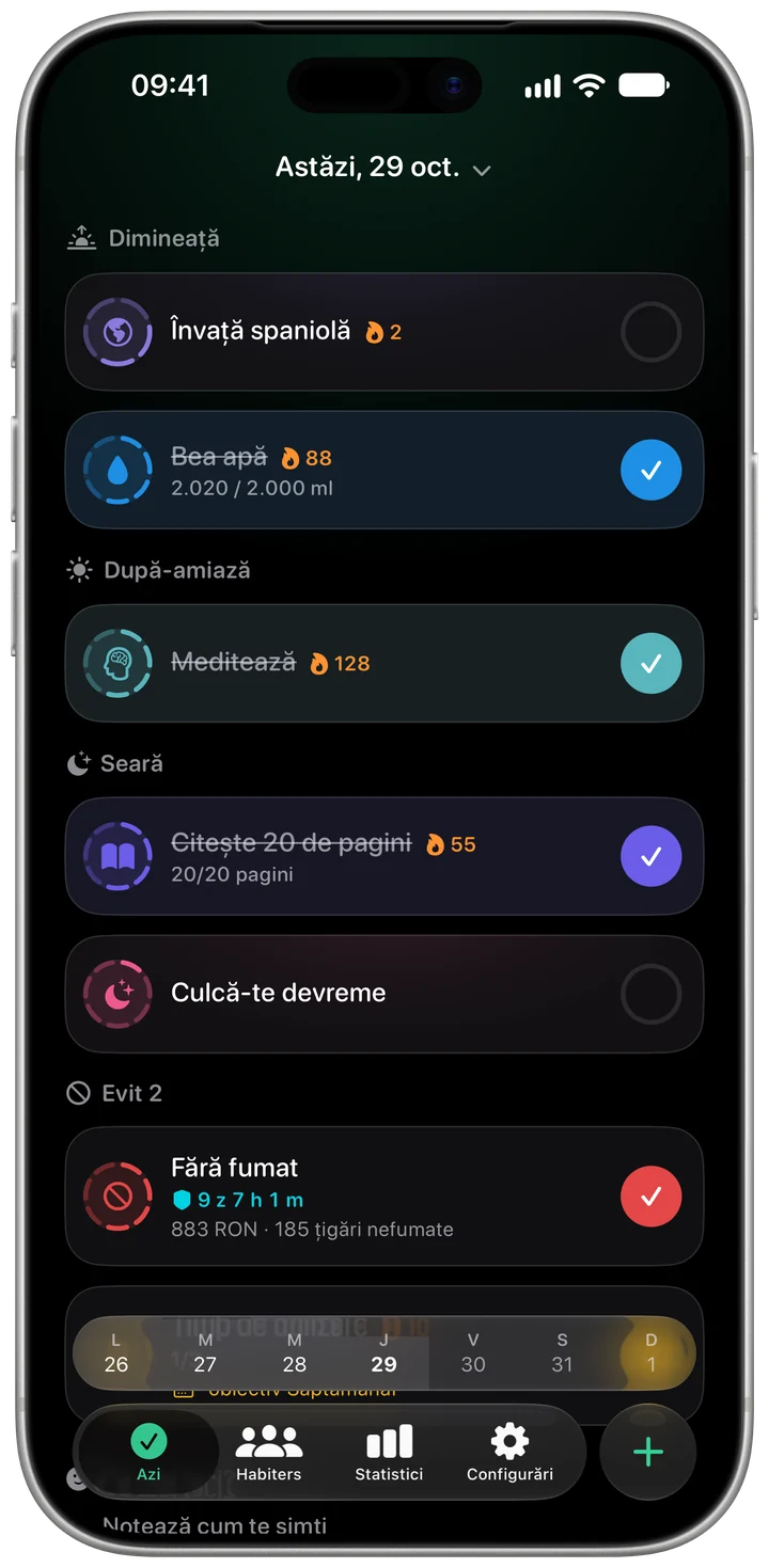 Ecranul Azi din Habiter, în modul întunecat