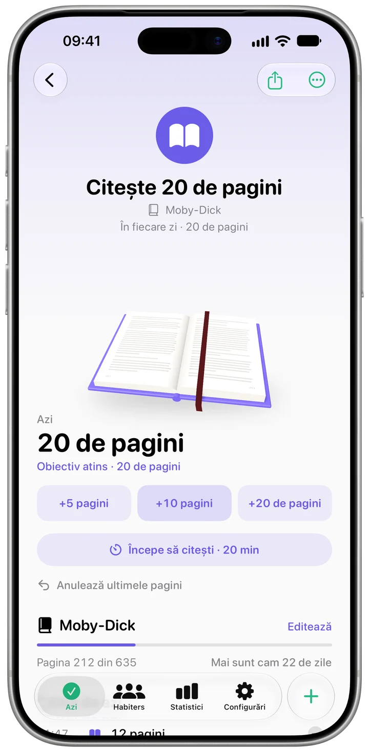 Pagina obiceiului „Citește 20 de pagini” în Habiter, cu progresul de azi și cartea curentă