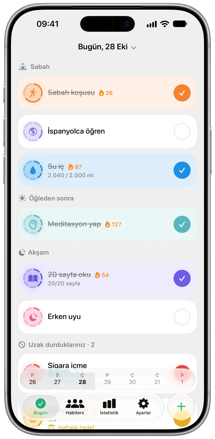 Habiter Bugün ekranı ve günün alışkanlıkları